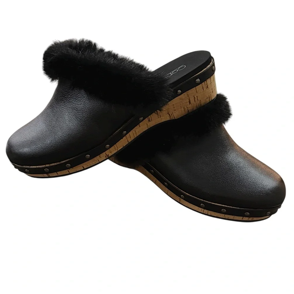 CORKYS Women's Just Fur Fun Black Wedge Slip On Fur Lined Studded Mules 10 New